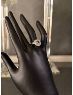 Cushion Cut Black Diamond Halo Ring with Baguette Accents