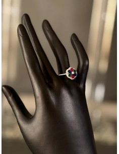Multi-Gemstone Cluster Ring with Diamond Halo