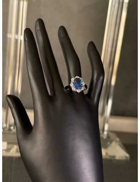 Blue Sapphire and Diamond Halo Ring