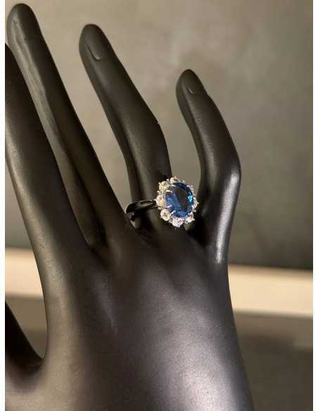 Blue Sapphire and Diamond Halo Ring